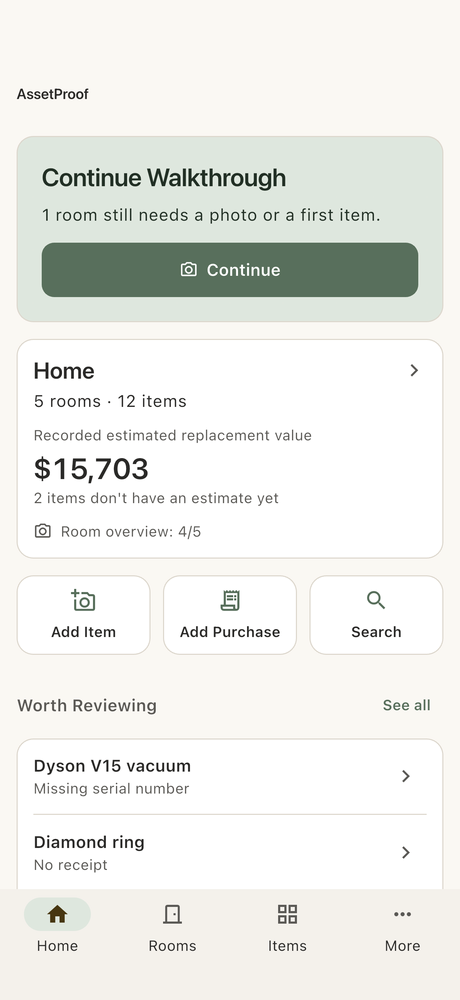 The AssetProof home screen