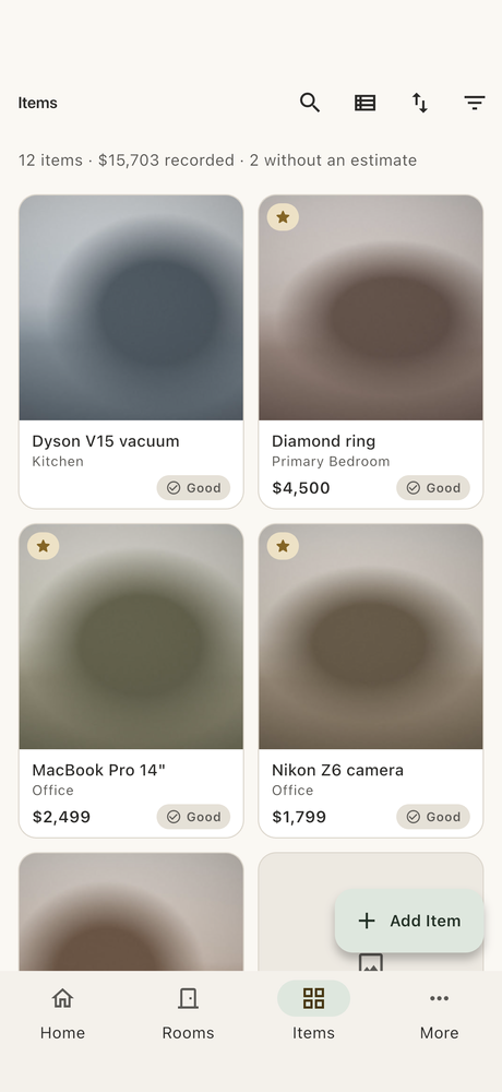 Items, with photos, condition and value