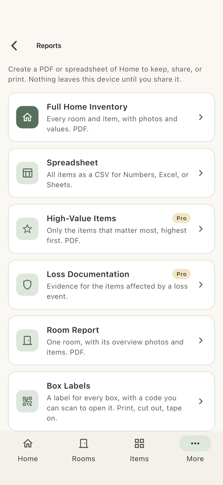 Reports — a full inventory PDF, a spreadsheet, or loss documentation