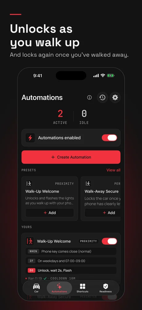 Unlocks as you walk up: presets and a Walk-Up Welcome routine that unlocks and flashes the lights on weekday mornings