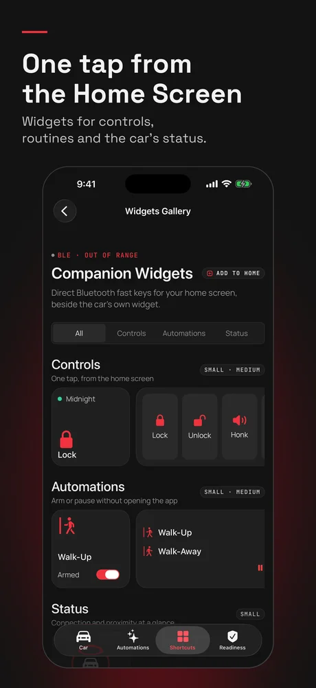 One tap from the Home Screen: widgets for controls, routines and the car's status