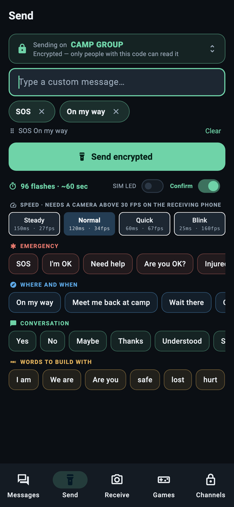Composing an encrypted message for a Private Channel, with the flash count and time