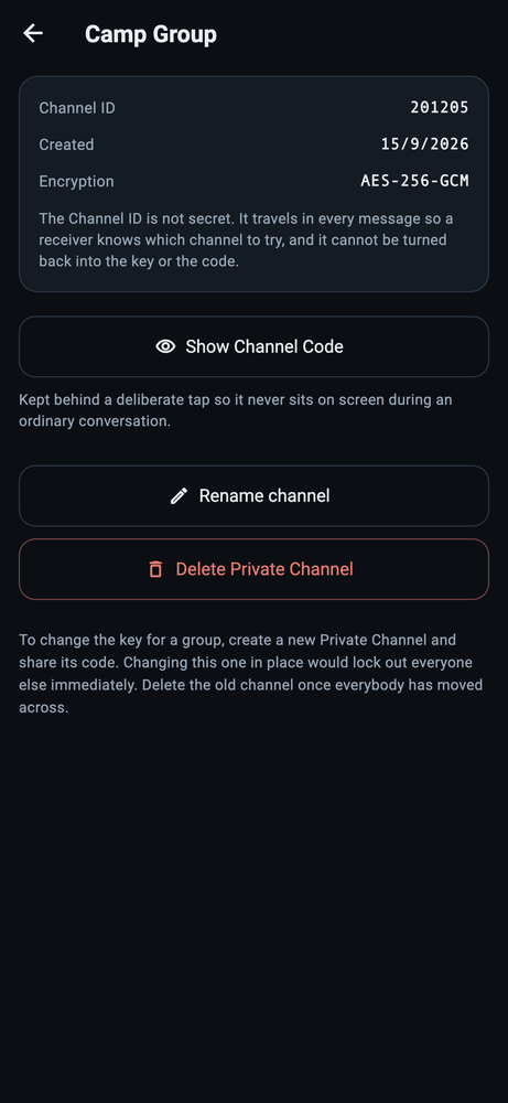 A Private Channel's details and AES-256-GCM encryption