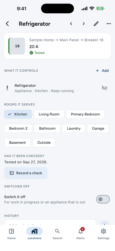 A breaker's detail page — what it controls, the rooms it serves and when it was last tested