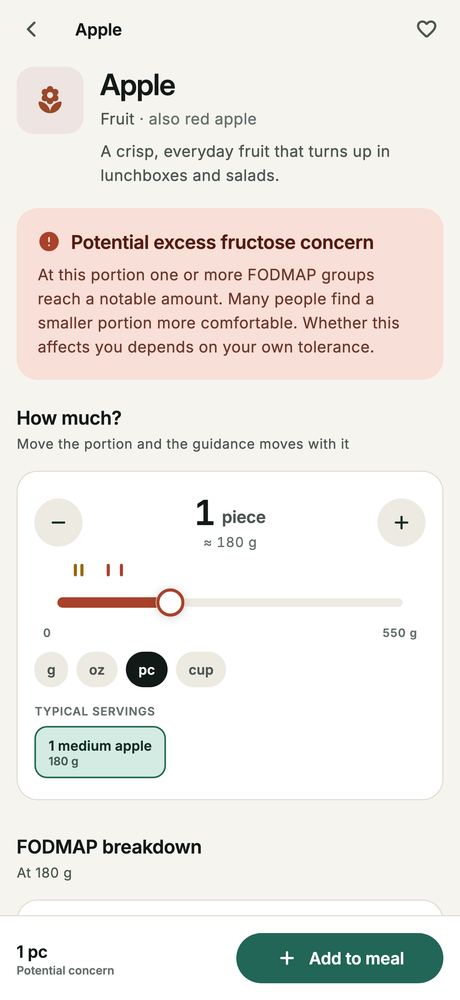 Portion guidance for a single food, with a slider showing how the guidance changes as the amount changes