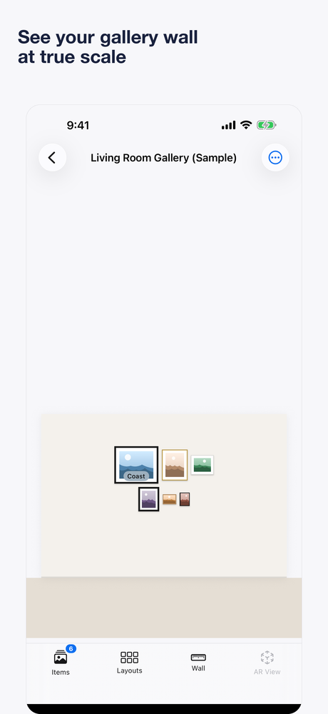 A six-piece gallery arrangement laid out on the wall canvas at true scale