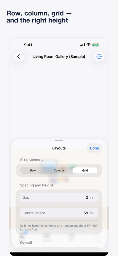 Layouts — row, column or grid, with the gap and centre height held