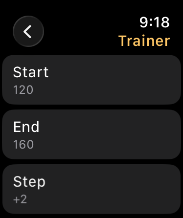The tempo trainer, stepping from 120 to 160 BPM