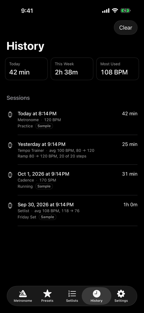 Practice history — time played today and this week