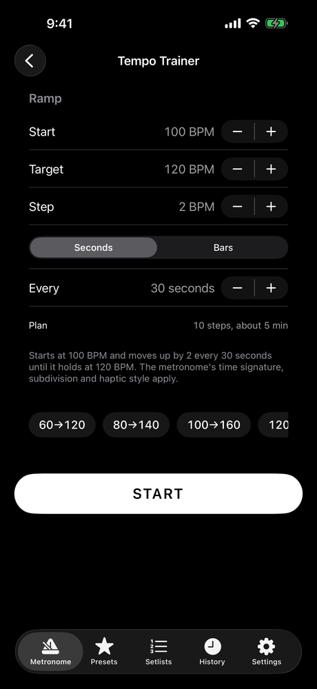 Setting up a tempo ramp from 100 to 120 BPM