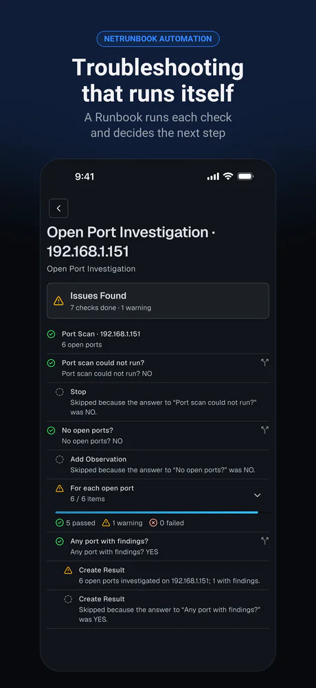 The Open Port Investigation Runbook running on one host: the port scan, each decision it took and the steps it skipped, and a For Each over the open ports