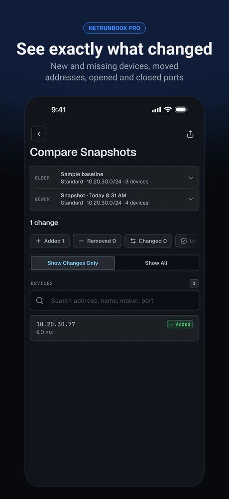 Two network snapshots compared, showing the one device that was added between them