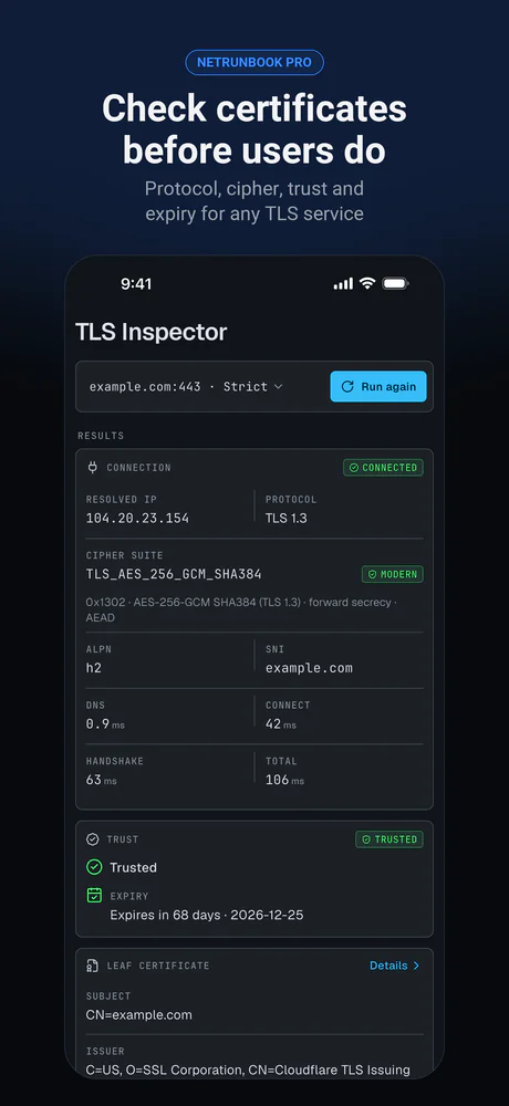 The TLS inspection of one service: protocol, cipher suite, trust and certificate expiry