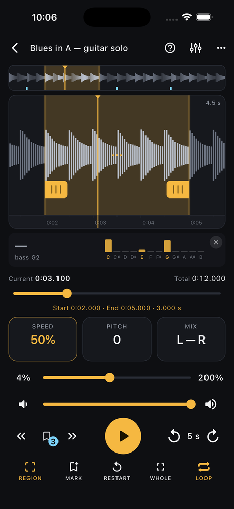 The player, with the waveform and transport controls