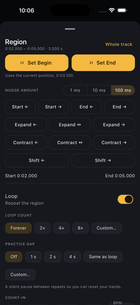 Setting loop points over a passage