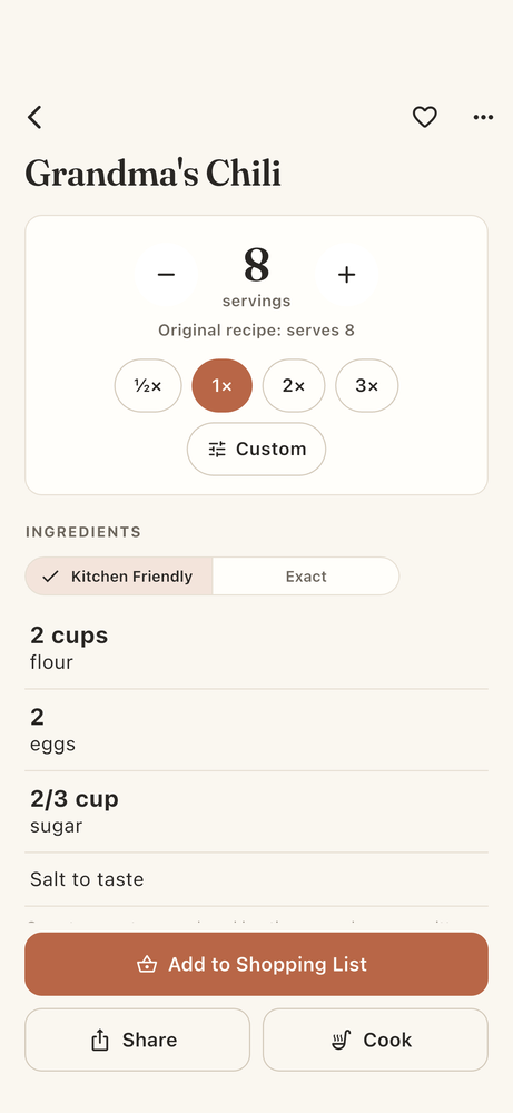 A recipe at its original serving count