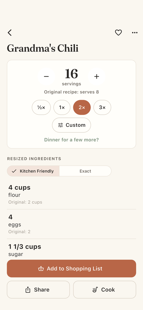 The same recipe doubled, with every quantity rescaled