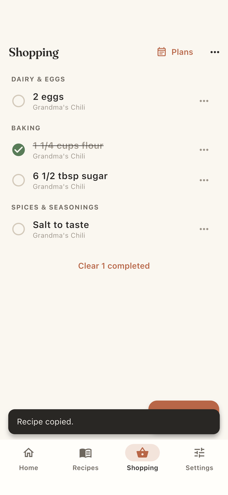 A shopping list built from the scaled recipe