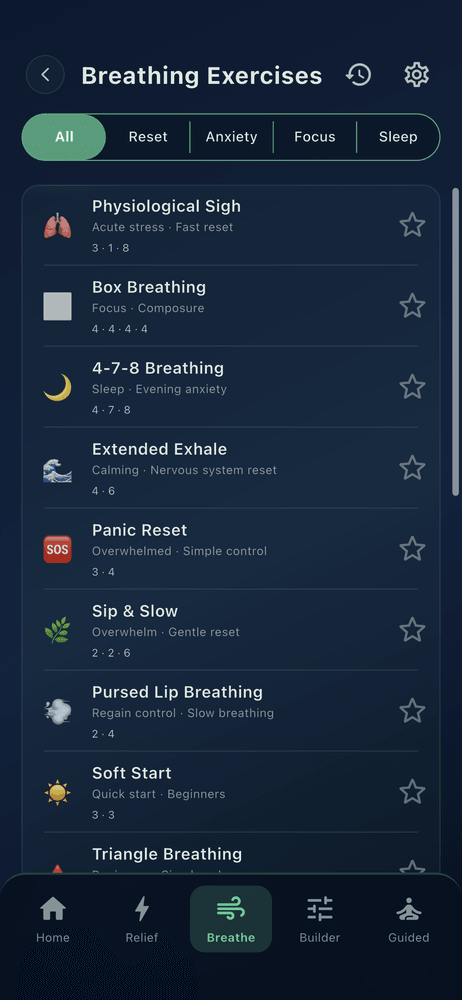 The library of built-in breathing patterns