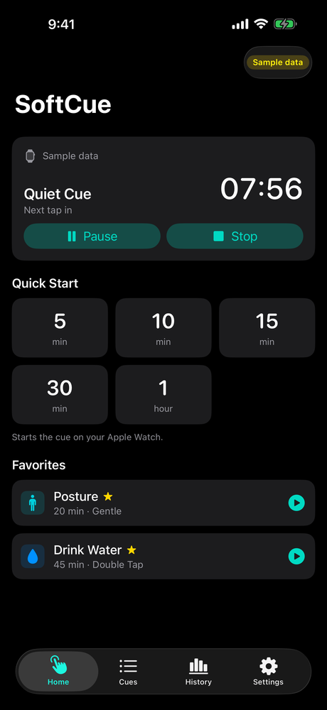 The iPhone app — a cue running, quick-start intervals and favourites
