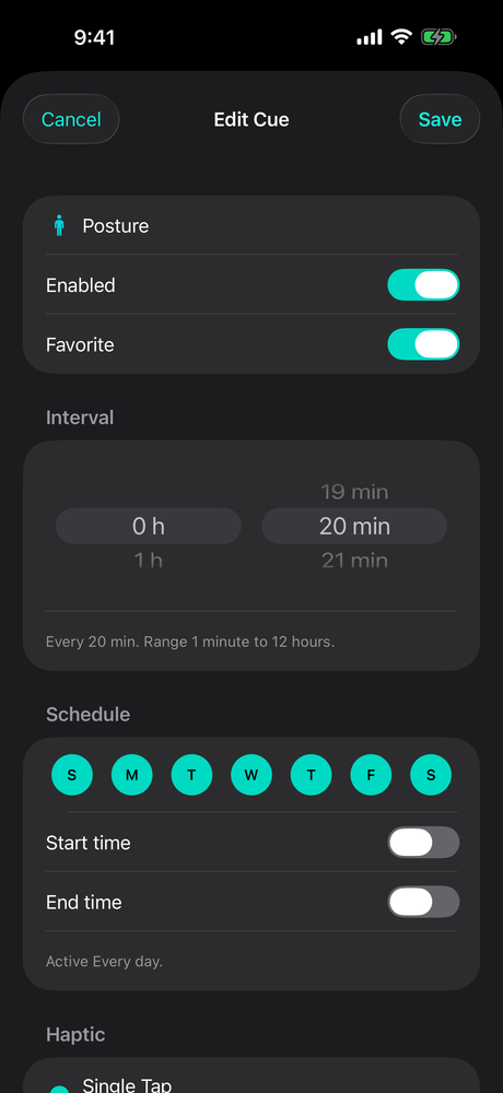 Editing a cue's interval, schedule and haptic pattern on iPhone