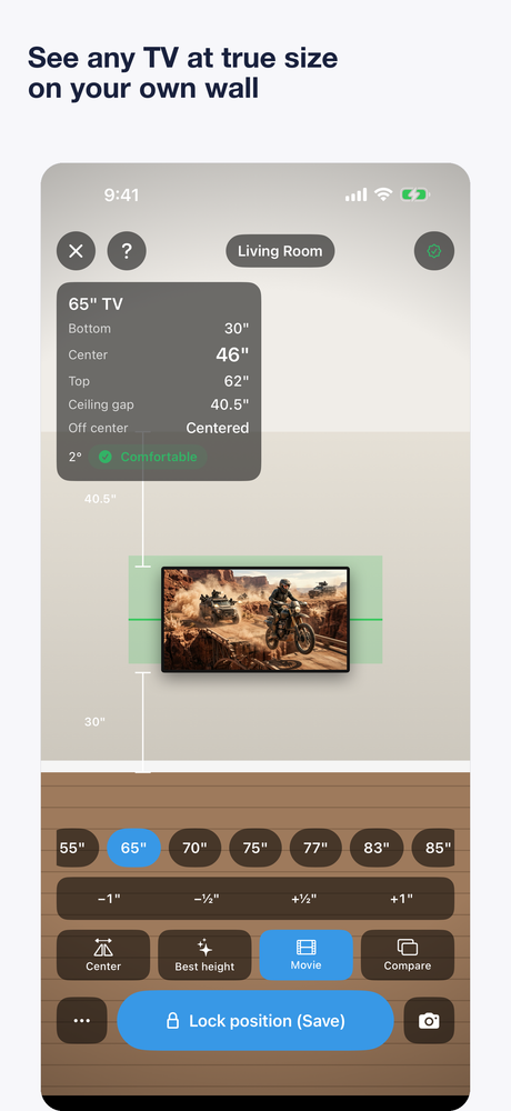 A true-to-scale 65-inch TV placed on the wall, with its heights read off the floor
