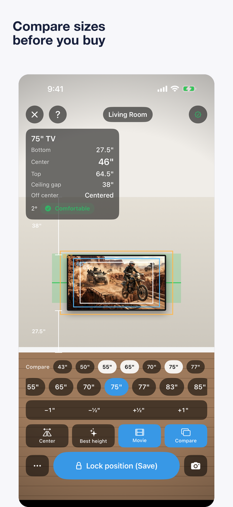 Compare mode — outlines of other sizes on the same wall