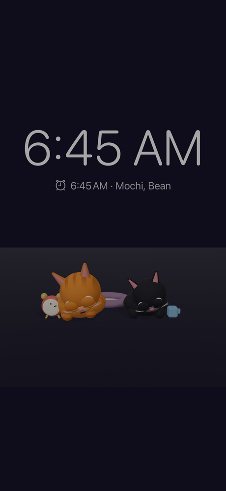 Nightstand mode — a dimmed clock with the cat beside it